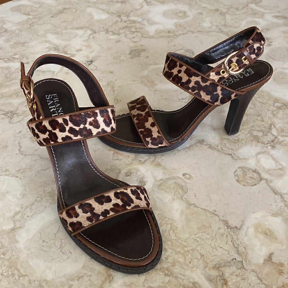 Franco Sarto Cheetah Leopard Print Pony Hair Strappy  Heeled Sandals